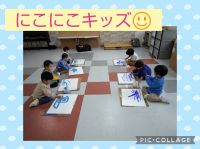 にこにこキッズ☺️今週は初めての絵の具にチャレンジ❗️長い線や短い線、ぐるぐるなど、夢中で描いてましたよ😆♥️