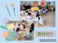 ぞうくみ🐘教材切りで、花畑を作りました☀️「いっぱいお花を並べるよ！」「てんとう虫はここに飛ばそう🎵」と、色とりどりの花をたくさん貼っていました😊