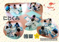 にじくみ🌈今週は、描画でシャンプーをしているところを描きました🧴頭の泡を表現するスタンプの取り組みが楽しかったようで、「ここにも泡増やそう😁」「いいね～✨」と見せ合っていましたよ😆